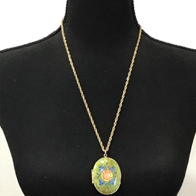Beautiful Vintage Green floral. Hand painted locket necklace
