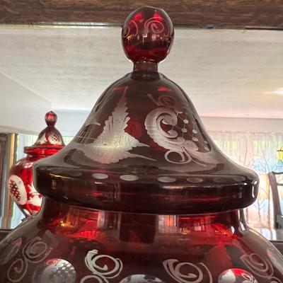 2 Antique Cranberry Cut to Clear Glass Ruby Vases 11"