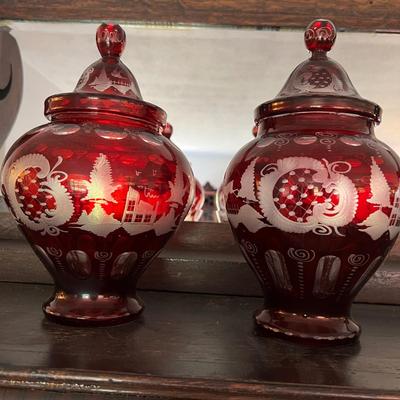 2 Antique Cranberry Cut to Clear Glass Ruby Vases 11"