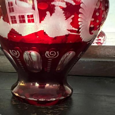 2 Antique Cranberry Cut to Clear Glass Ruby Vases 11"