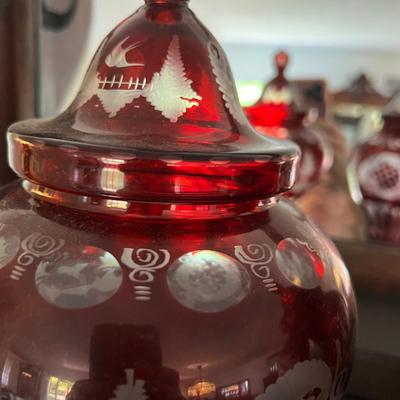 2 Antique Cranberry Cut to Clear Glass Ruby Vases 11"