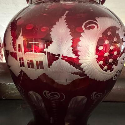 2 Antique Cranberry Cut to Clear Glass Ruby Vases 11"