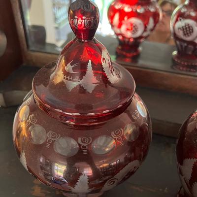 2 Antique Cranberry Cut to Clear Glass Ruby Vases 11"