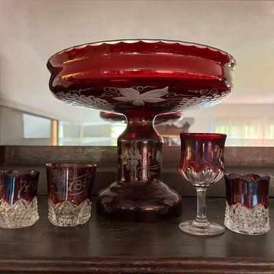 Antique Cranberry Cut to Clear Glass 5 Piece Lot