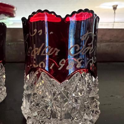 Antique Cranberry Cut to Clear Glass 5 Piece Lot