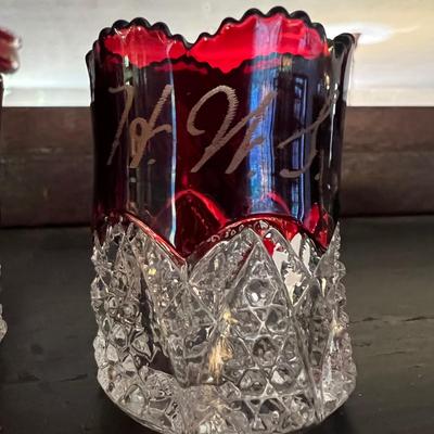 Antique Cranberry Cut to Clear Glass 5 Piece Lot