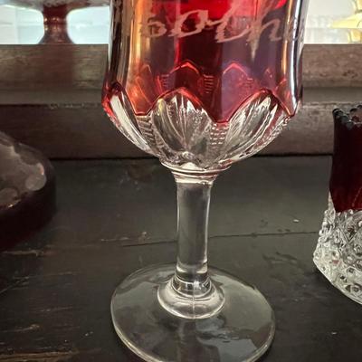 Antique Cranberry Cut to Clear Glass 5 Piece Lot