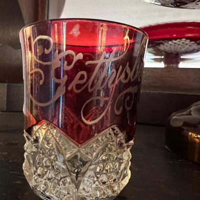 Antique Cranberry Cut to Clear Glass 5 Piece Lot