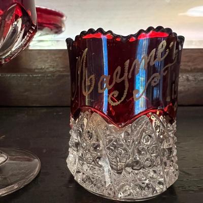 Antique Cranberry Cut to Clear Glass 5 Piece Lot