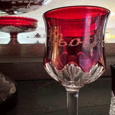 Antique Cranberry Cut to Clear Glass 5 Piece Lot