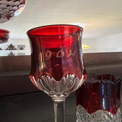 Antique Cranberry Cut to Clear Glass 5 Piece Lot