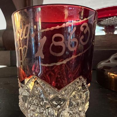 Antique Cranberry Cut to Clear Glass 5 Piece Lot