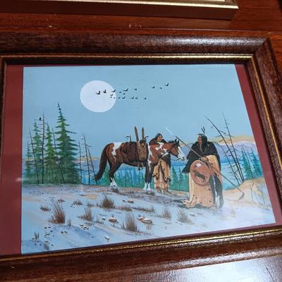 BOY WITH RABBIT, 2 FRAMED NATIVE AMERICAN THEMED POSTCARDS