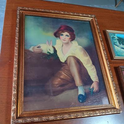 BOY WITH RABBIT, 2 FRAMED NATIVE AMERICAN THEMED POSTCARDS