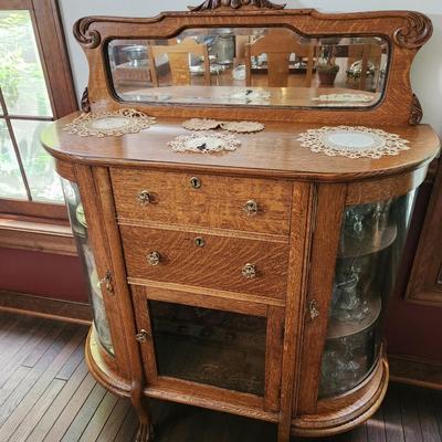 Antique Oak Sideboard Buffet Curved Glass Side Doors Beveled Mirror Carved Feet on Casters 40x16x50