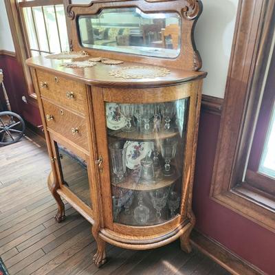 Antique Oak Sideboard Buffet Curved Glass Side Doors Beveled Mirror Carved Feet on Casters 40x16x50