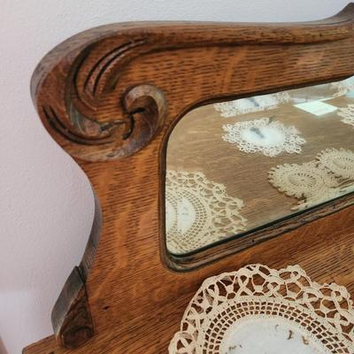 Antique Oak Sideboard Buffet Curved Glass Side Doors Beveled Mirror Carved Feet on Casters 40x16x50