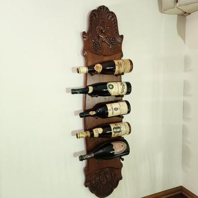 Wood 5 Bottle Wine Wall Rack includes 5 Vintage Empty Bottles