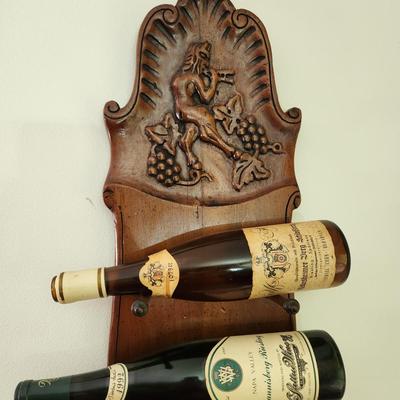Wood 5 Bottle Wine Wall Rack includes 5 Vintage Empty Bottles