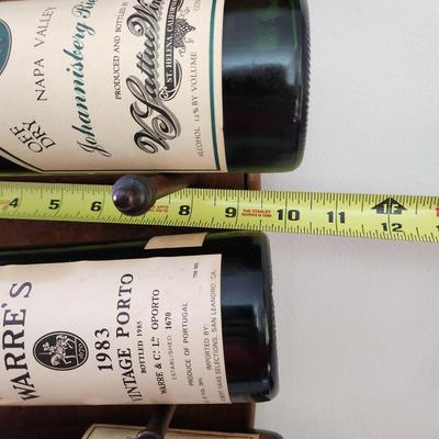 Wood 5 Bottle Wine Wall Rack includes 5 Vintage Empty Bottles