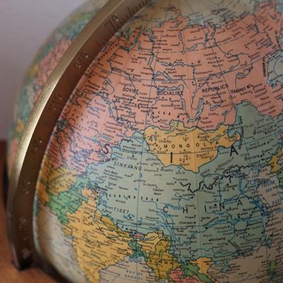 Vintage Illuminated Heirloom Globe in Walnut Floor Stand by Replogle