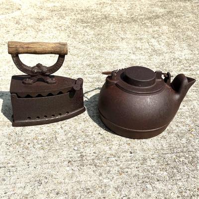 Vintage Cast Iron Clothing Iron and Tea Kettle