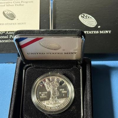 2016-P US Mint 100th Anniversary National Park Service Silver Dollar Box & COA as Pictured.