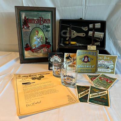 Anheuser Busch Mirror Sign, Jack Daniel’s Labels Plus Glasses & Trav-L-Bar (PB-RG)
