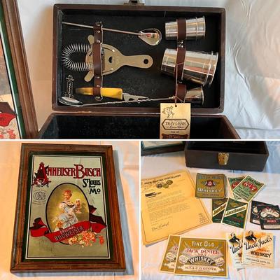 Anheuser Busch Mirror Sign, Jack Daniel’s Labels Plus Glasses & Trav-L-Bar (PB-RG)