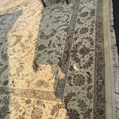 Large cream and green silk/wool rug