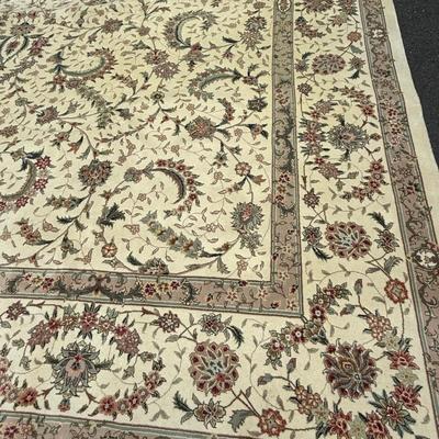 Large cream and green silk/wool rug
