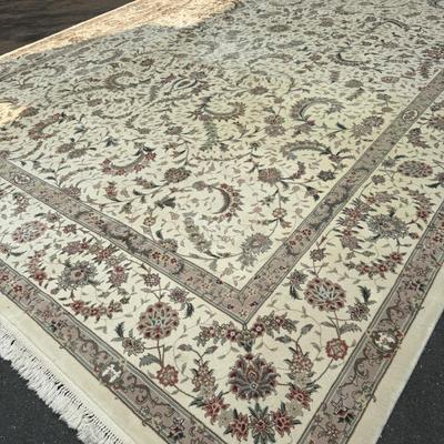 Large cream and green silk/wool rug