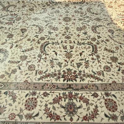 Large cream and green silk/wool rug
