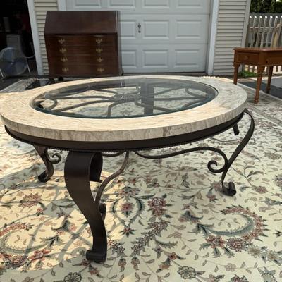 Travertine round glass top coffee table with wrought iron base (retailer for over $800!)