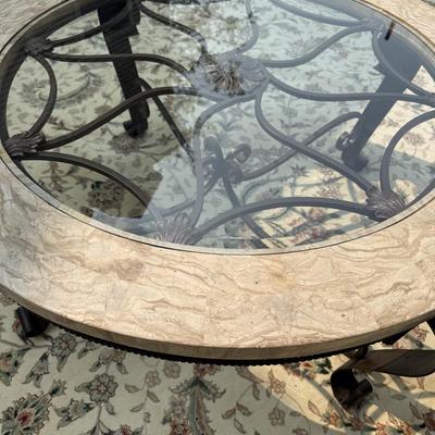Travertine round glass top coffee table with wrought iron base (retailer for over $800!)