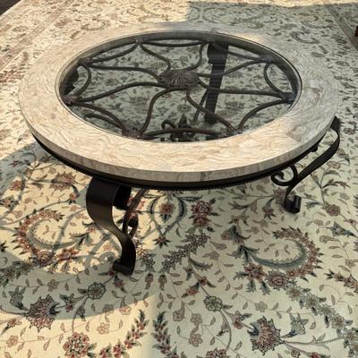 Travertine round glass top coffee table with wrought iron base (retailer for over $800!)