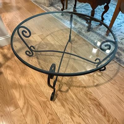 Pottery Barn round glass and metal coffee table