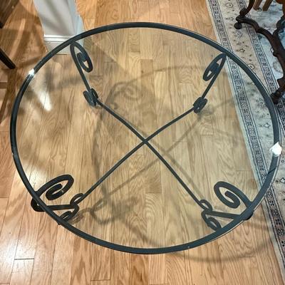 Pottery Barn round glass and metal coffee table