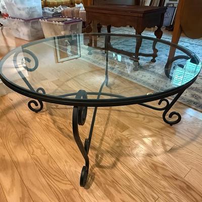 Pottery Barn round glass and metal coffee table