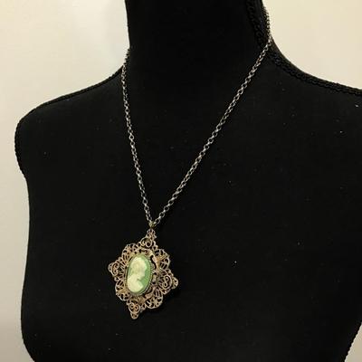 Beautiful Vintage filagree resin Cameo Pendant/ brooch necklace