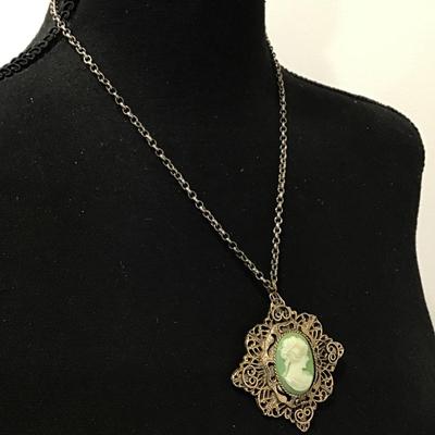 Beautiful Vintage filagree resin Cameo Pendant/ brooch necklace