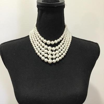 Beautiful, five strand faux, pearl vintage statement, necklace