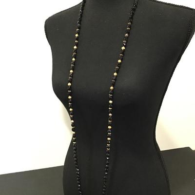 Beautiful vintage jet black faceted glass beaded long necklace