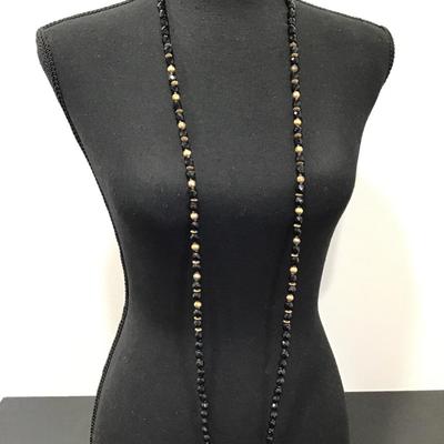 Beautiful vintage jet black faceted glass beaded long necklace