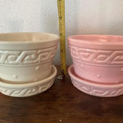 2 small McCoy pots and 1 pink vase