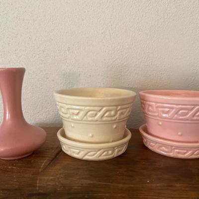 2 small McCoy pots and 1 pink vase
