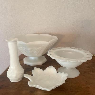 Milk glass bowls and vase