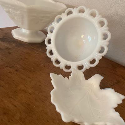 Milk glass bowls and vase