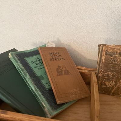 Vintage box without lid, books and small beaded basket