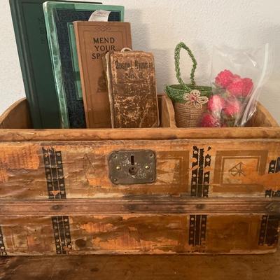 Vintage box without lid, books and small beaded basket